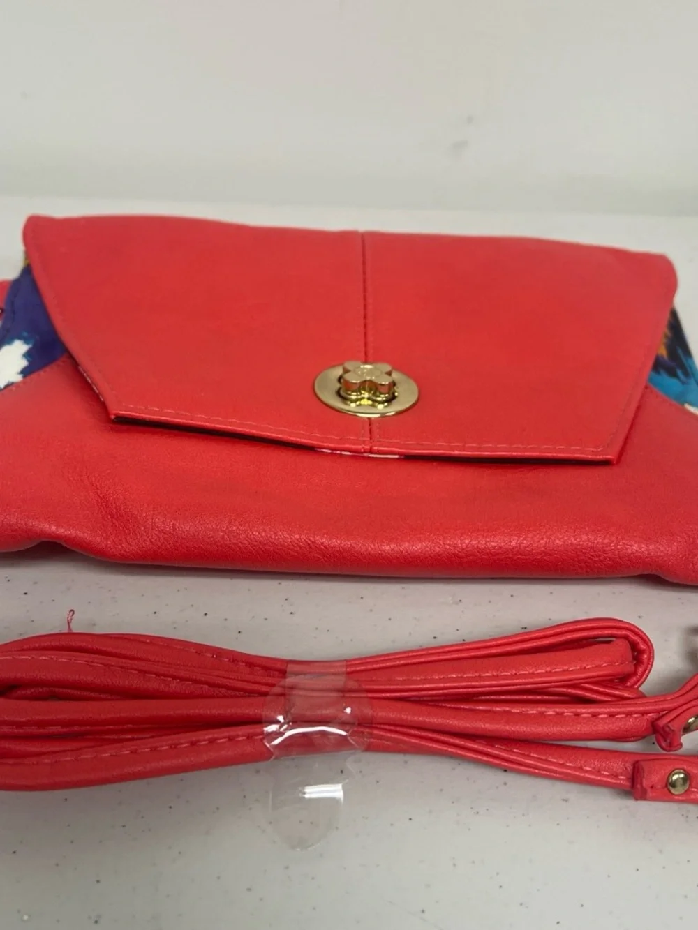 Red Leather Foldover Clutch with Gold Turn-Lock